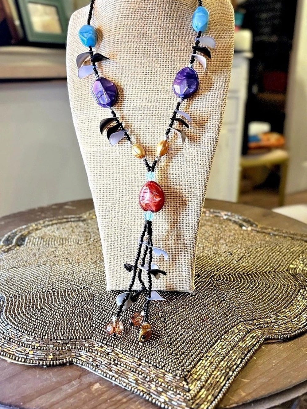 Boho Multicolor Beaded Tassel Necklace Black Seed Beads Shell Statement Jewelry